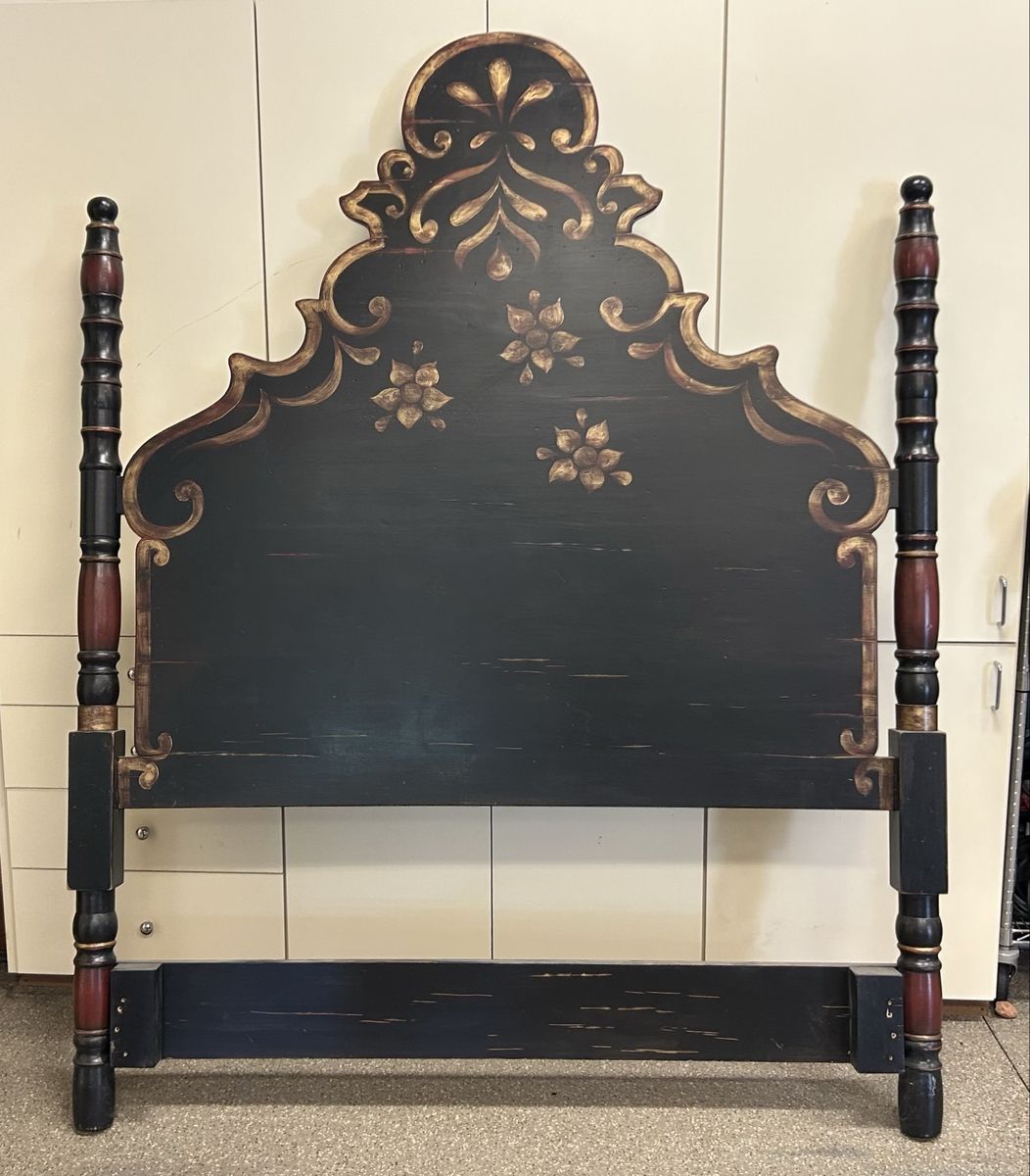 Stein Eriksen Lodge Ornate Black & Gold Distressed Wooden Headboard - Queen/King Size, Hand-Painted Floral Details
