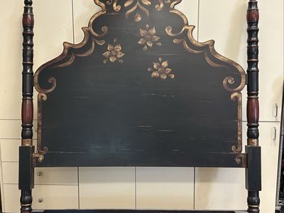 Stein Eriksen Lodge Ornate Black & Gold Distressed Wooden Headboard - Queen/King Size, Hand-Painted Floral Details