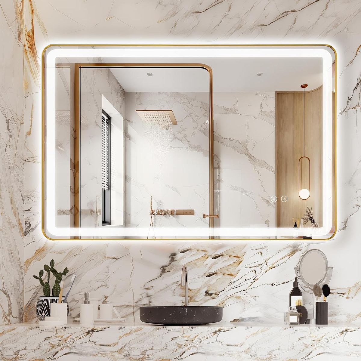 48"x24" Gold LED Metal Framed Bathroom Mirror with Lights, Front and Backlit