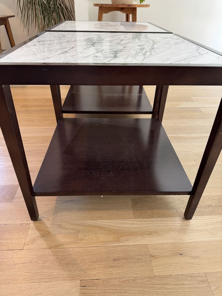 Set of 2 Marble-like Top End Tables with Lower Storage Shelves. Real stone top- it’s heavy.