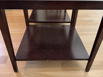 Set of 2 Marble-like Top End Tables with Lower Storage Shelves. Real stone top- it’s heavy.