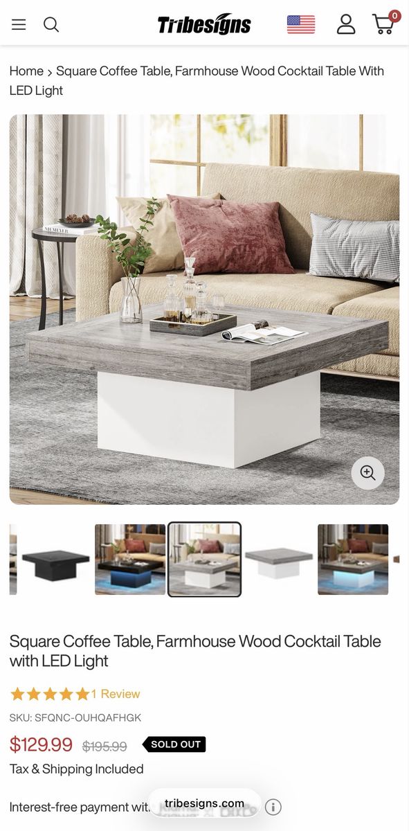 **Free** Farmhouse Square Coffee Table w/ LED Light, Wood Cocktail Table (New)