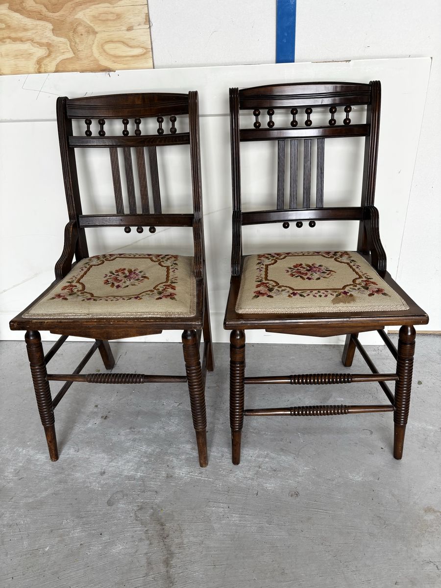 Vintage Wooden Dining Chairs with Needlepoint Upholstery - Set of 2