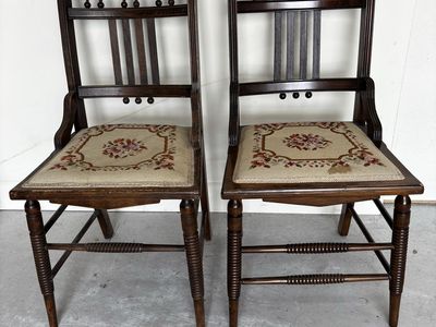 Vintage Wooden Dining Chairs with Needlepoint Upholstery - Set of 2