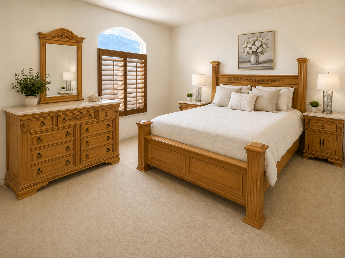 Elegant King Size Wooden Bed Frame with Carved Details and Matching Dresser & Nightstands with Marble Tops