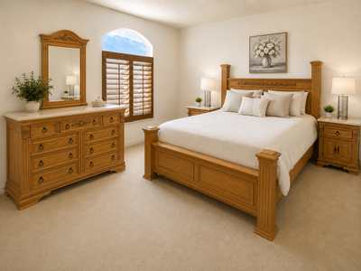 Elegant King Size Wooden Bed Frame with Carved Details and Matching Dresser & Nightstands with Marble Tops