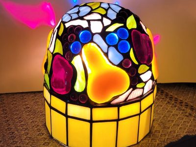 Vintage TABLE LAMP Stained Glass Fruit Bowl Style Apple Pear Grapes Night Light