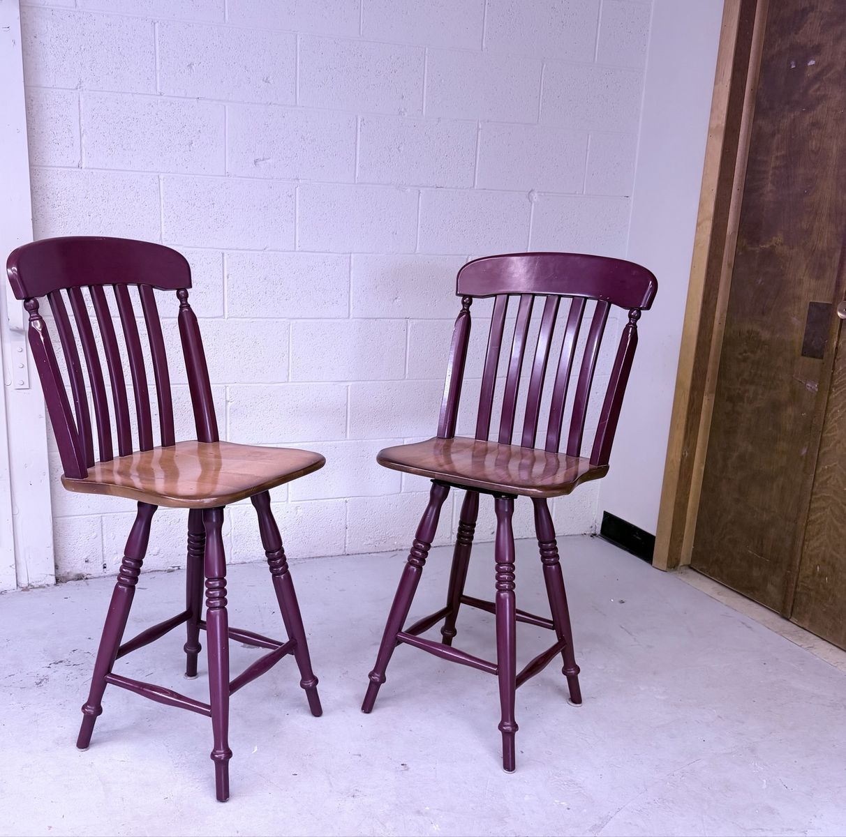 Set of 2 Wooden Swivel Bar Stools Burgundy and Natural Wood Finish