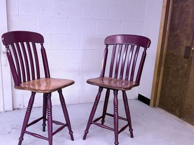 Set of 2 Wooden Swivel Bar Stools Burgundy and Natural Wood Finish