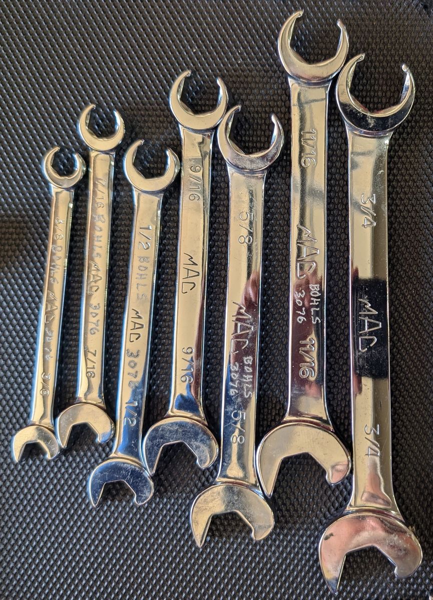 Mac Tools, flare nut open end wrenches, SAE 3/4-in to 3/8-in