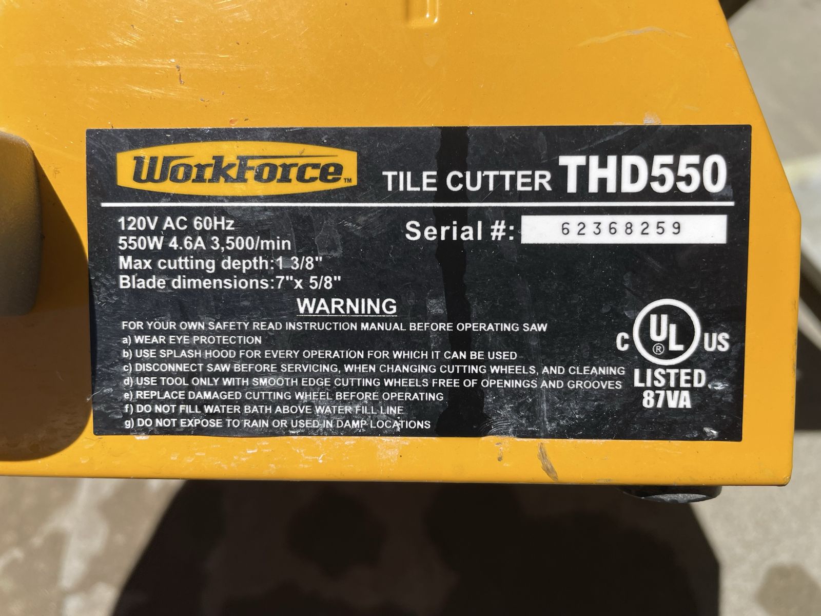 WorkForce THD550 7" Wet Tile Saw Cutter 120V 550W Max Depth 1 3/8" UL Listed