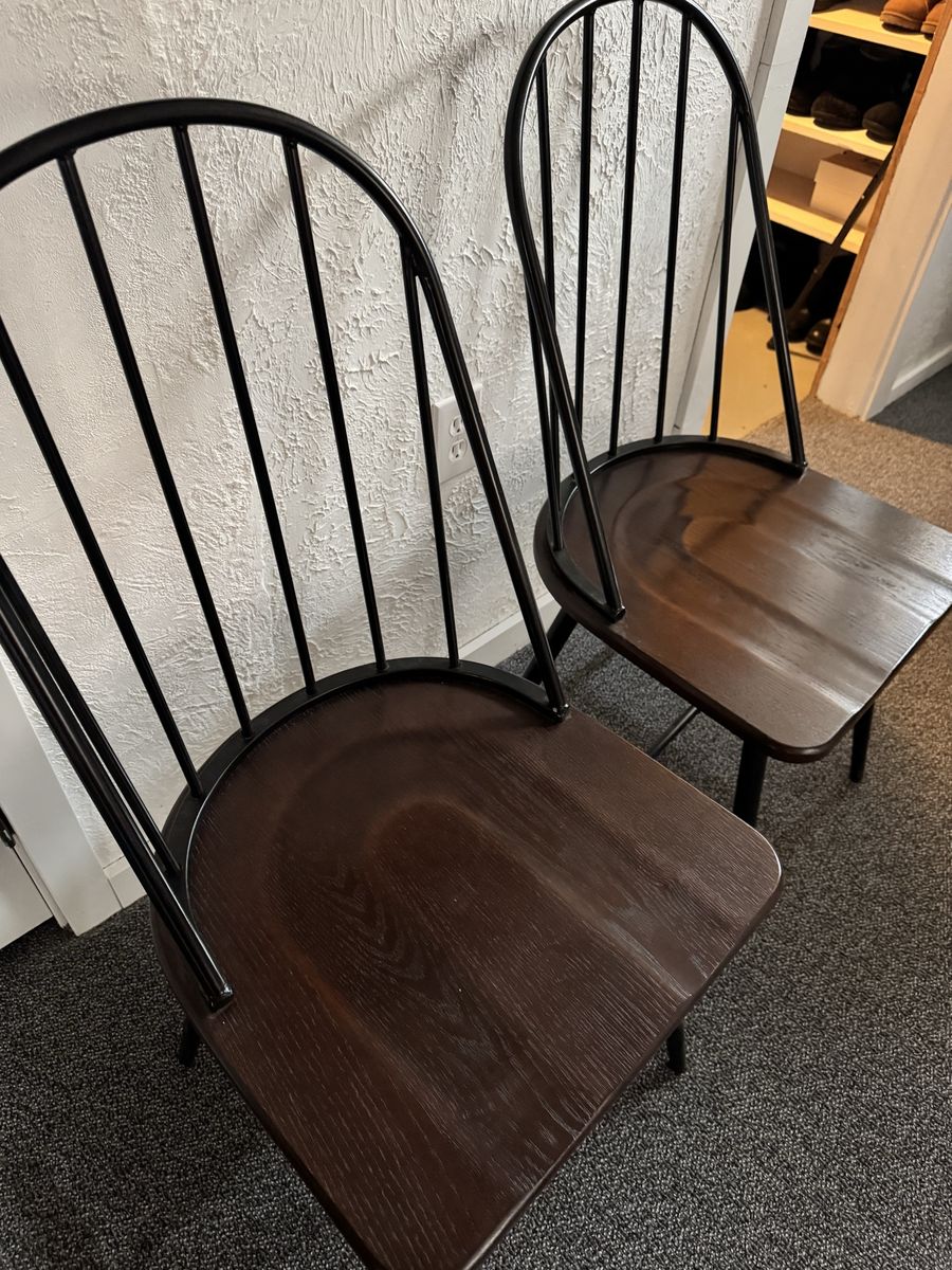 Pair of Modern Spindle Back Wooden & Metal Dining Chairs - Dark Walnut