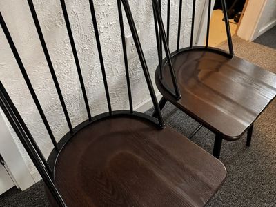 Pair of Modern Spindle Back Wooden & Metal Dining Chairs - Dark Walnut