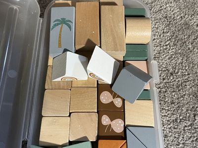 Wooden Building Blocks Set - Natural, Green, Orange, White, Brown with Palm Tree and Rainbow Designs
