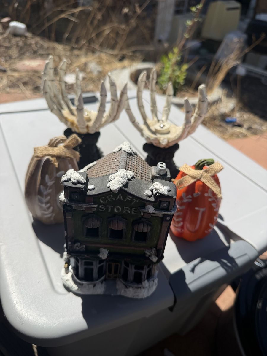Lot of Halloween & Holiday Decor: Skeleton Hand Candle Holders, Craft Store Building, Pumpkins
