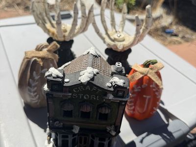 Lot of Halloween & Holiday Decor: Skeleton Hand Candle Holders, Craft Store Building, Pumpkins