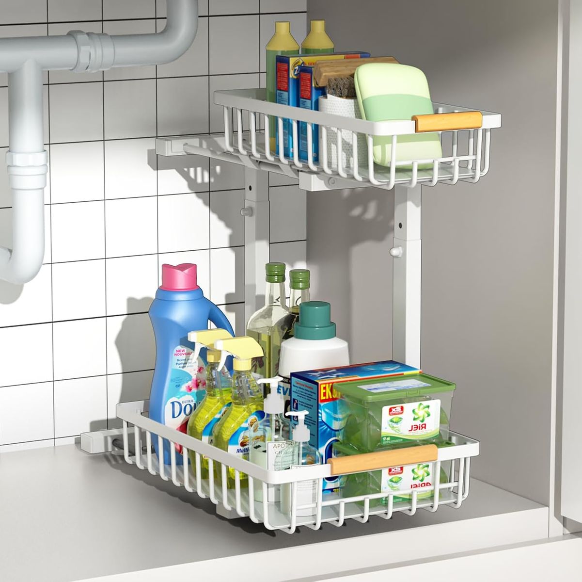 NEW Under Sink Organizers,5 Adjustable Height，Metal Pull Out Under Sink Organizers and Storage Shelves with Sliding Drawer