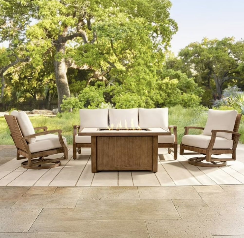 4-Piece Outdoor Patio Set - Sofa, 2 Swivel Rocker Armchairs & Gas Fire Pit Table - NEW