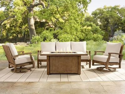 4-Piece Outdoor Patio Set - Sofa, 2 Swivel Rocker Armchairs & Gas Fire Pit Table - NEW