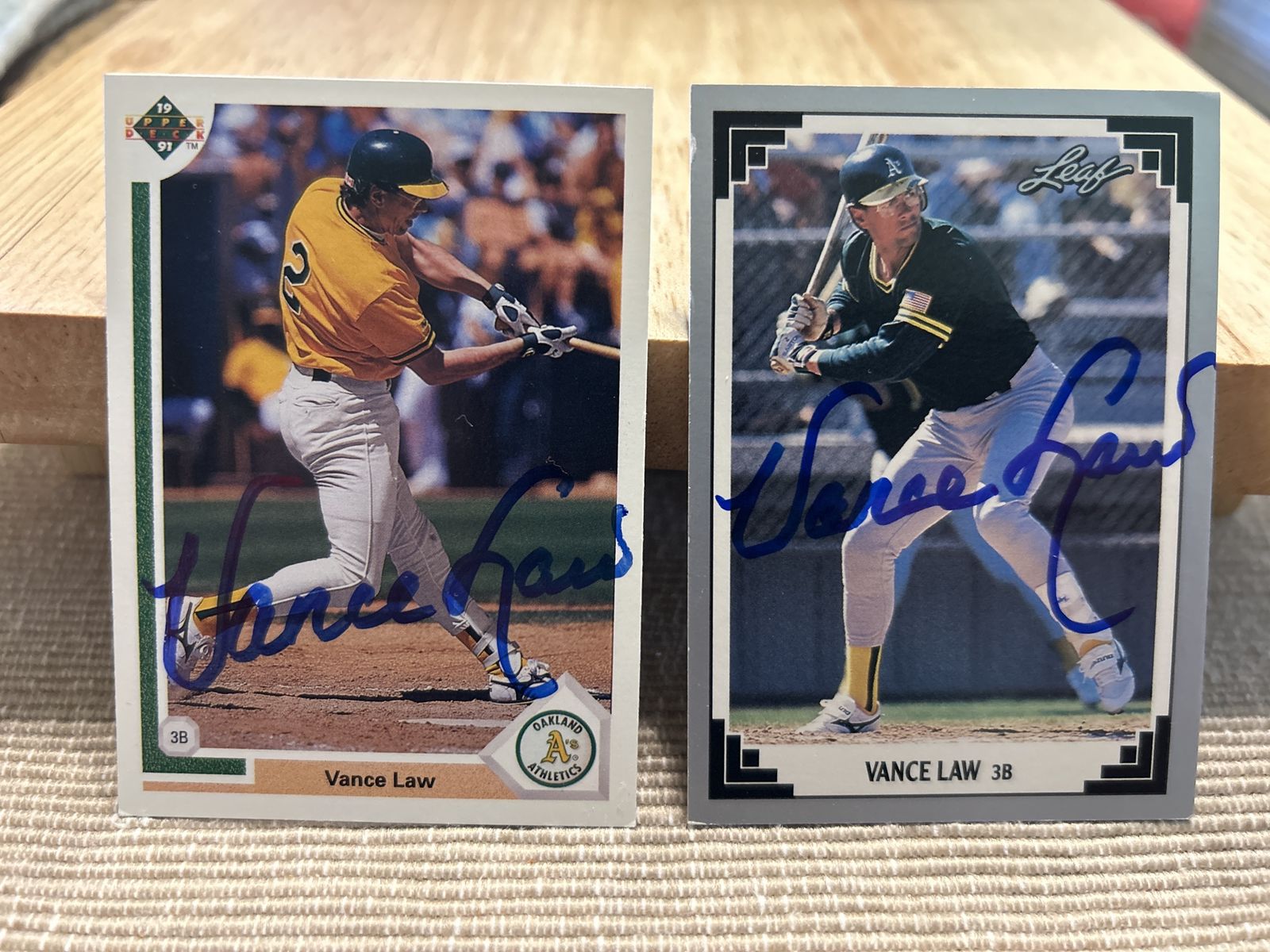 Vance Law Autograph Hand Signed Oakland Athletics (1) 1991-92 Upper Deck & (1) 1991 LEAF Card Auto baseball card