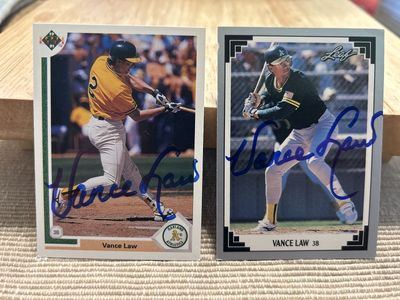 Vance Law Autograph Hand Signed Oakland Athletics (1) 1991-92 Upper Deck & (1) 1991 LEAF Card Auto baseball card
