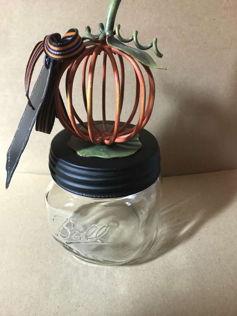 Ball Jar with Black Metal Lid, Metal Pumpkin, Metal Blackboard Tag, Fill it with Pumpkin Corns