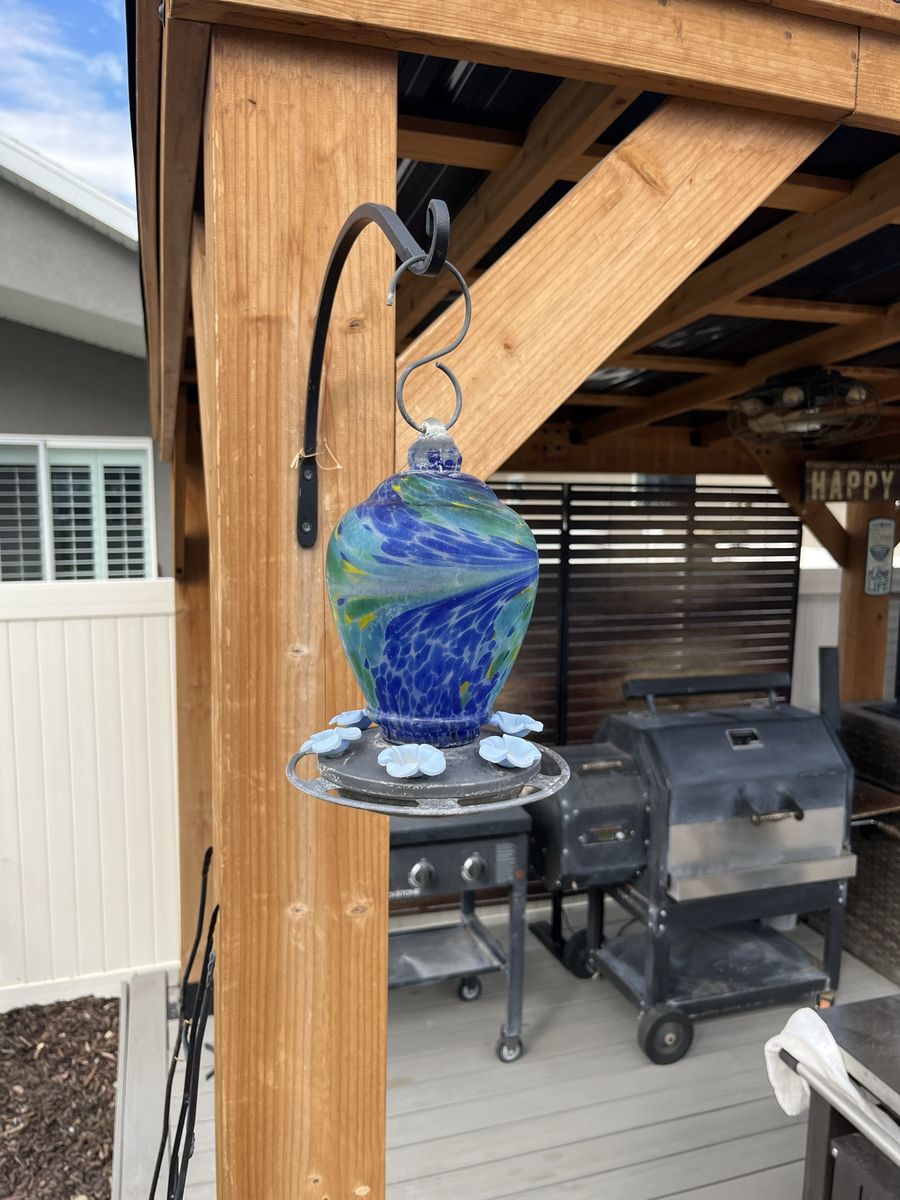 Beautiful Blue Blown Glass Hummingbird Feeder 