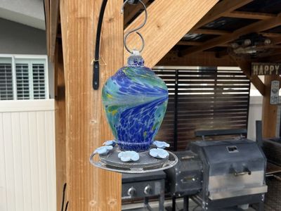Beautiful Blue Blown Glass Hummingbird Feeder