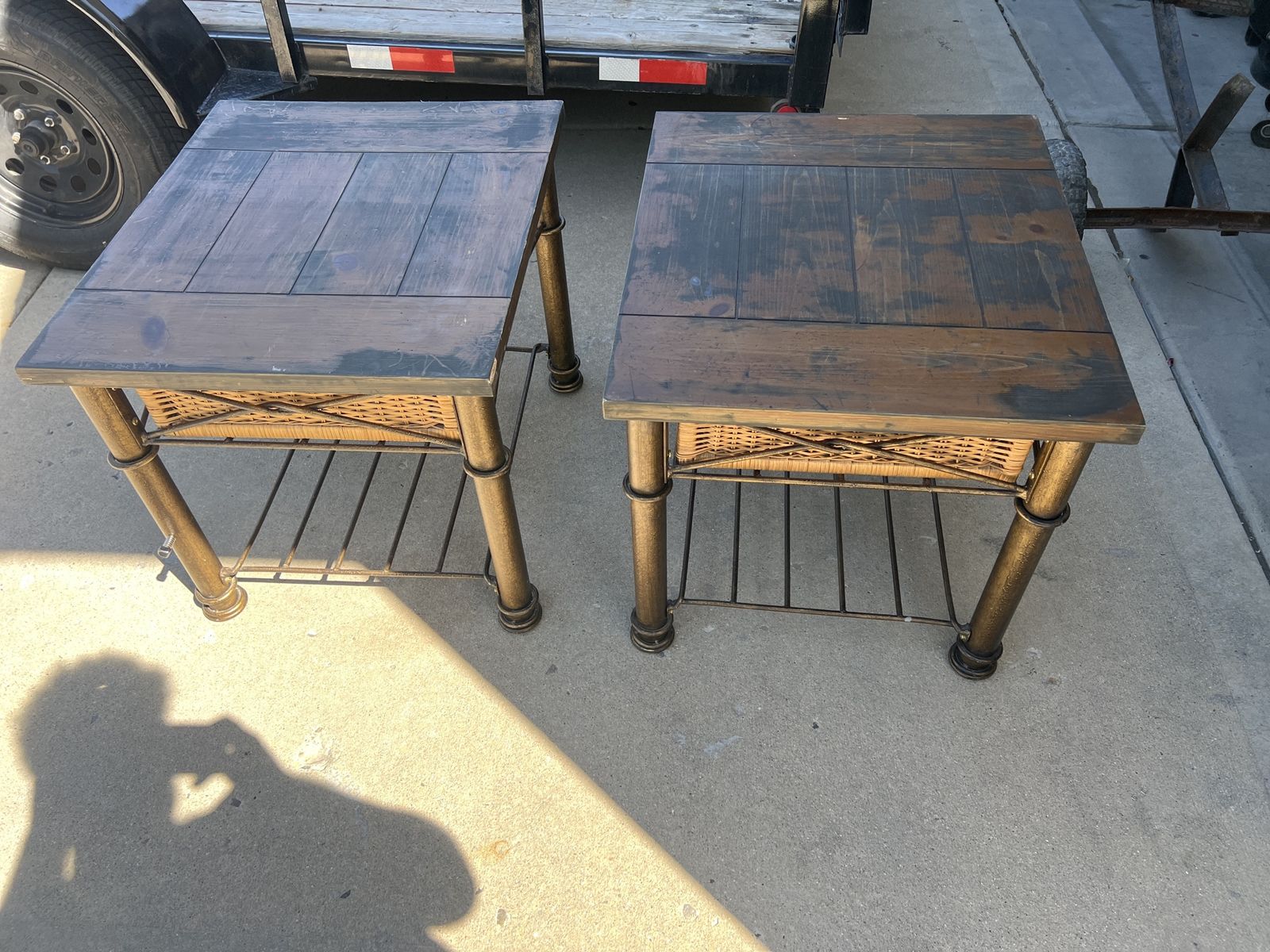 Pair of Rustic Wood & Wicker End Tables with Metal Frame - Excellent Condition