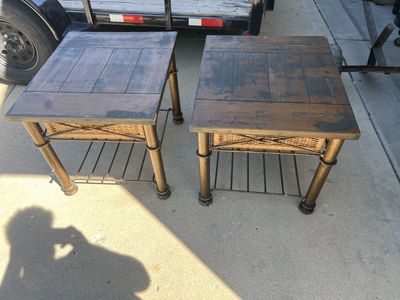 Pair of Rustic Wood & Wicker End Tables with Metal Frame - Excellent Condition