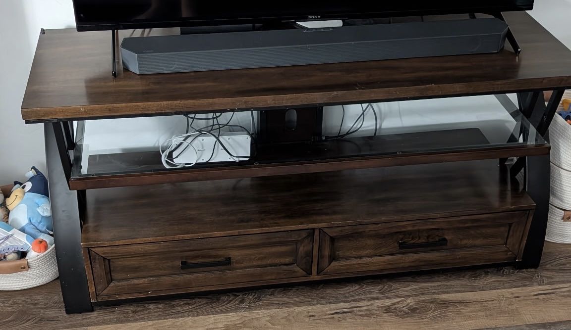 Rustic Wood and Metal TV Stand with Integrated Mount and Storage Drawers