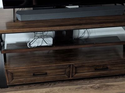 Rustic Wood and Metal TV Stand with Integrated Mount and Storage Drawers