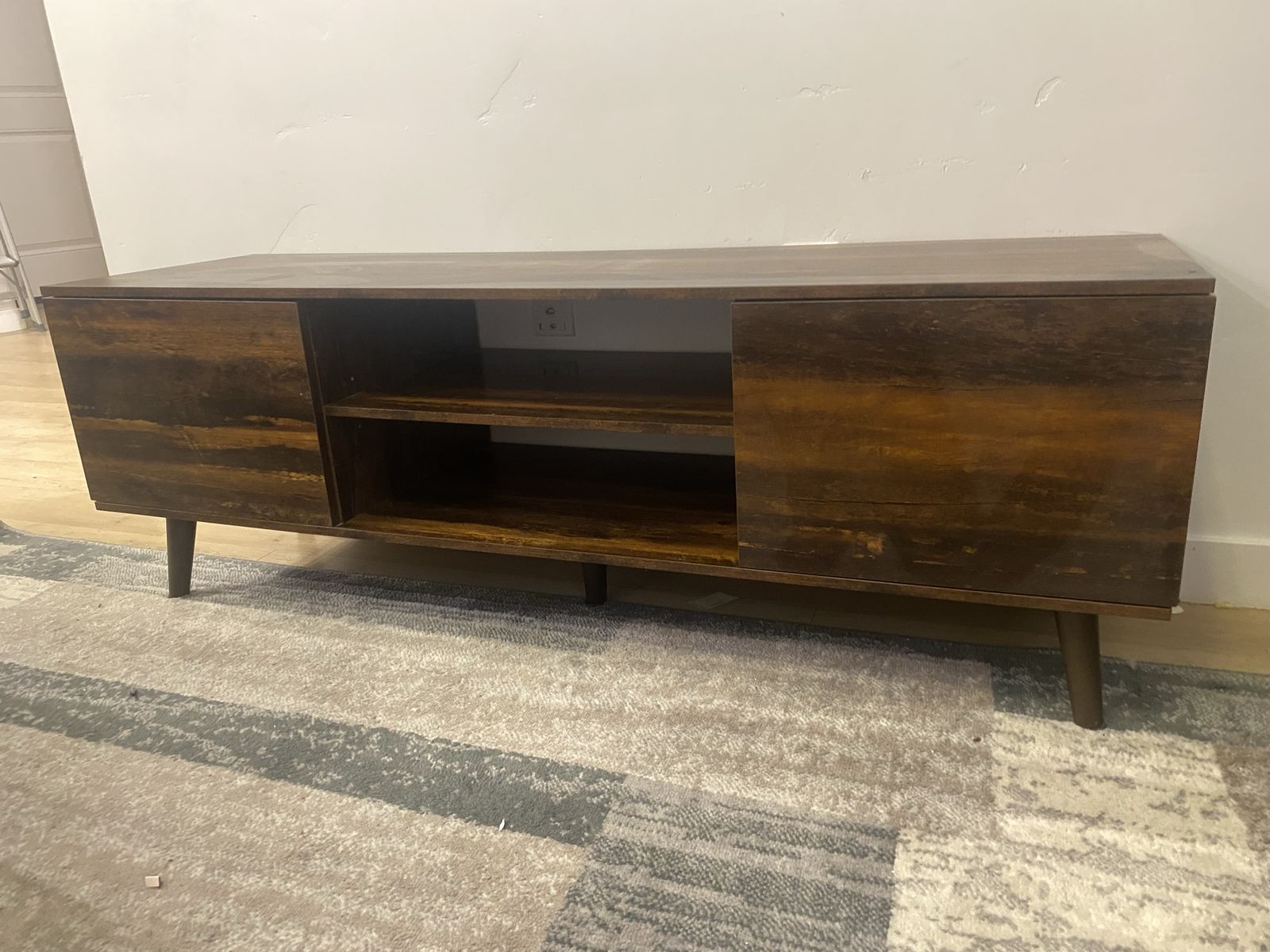 Dark Wood Media Console TV Stand with Open Shelves & Side Cabinets - Modern Entertainment Center