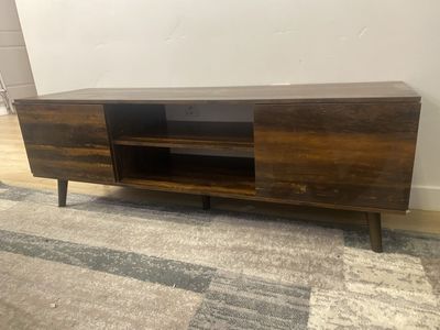 Dark Wood Media Console TV Stand with Open Shelves & Side Cabinets - Modern Entertainment Center