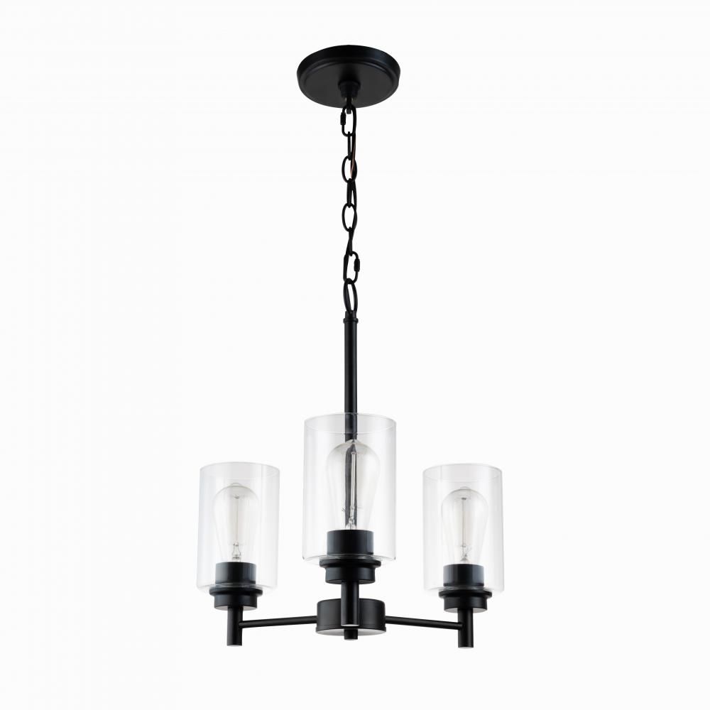 Modern 3 Light Chandelier Black Finish Clear Cylinder Glass