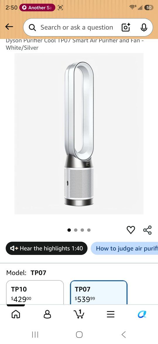 Dyson Purifier Cool TP07 Smart Air Purifier and Fan White/Silver