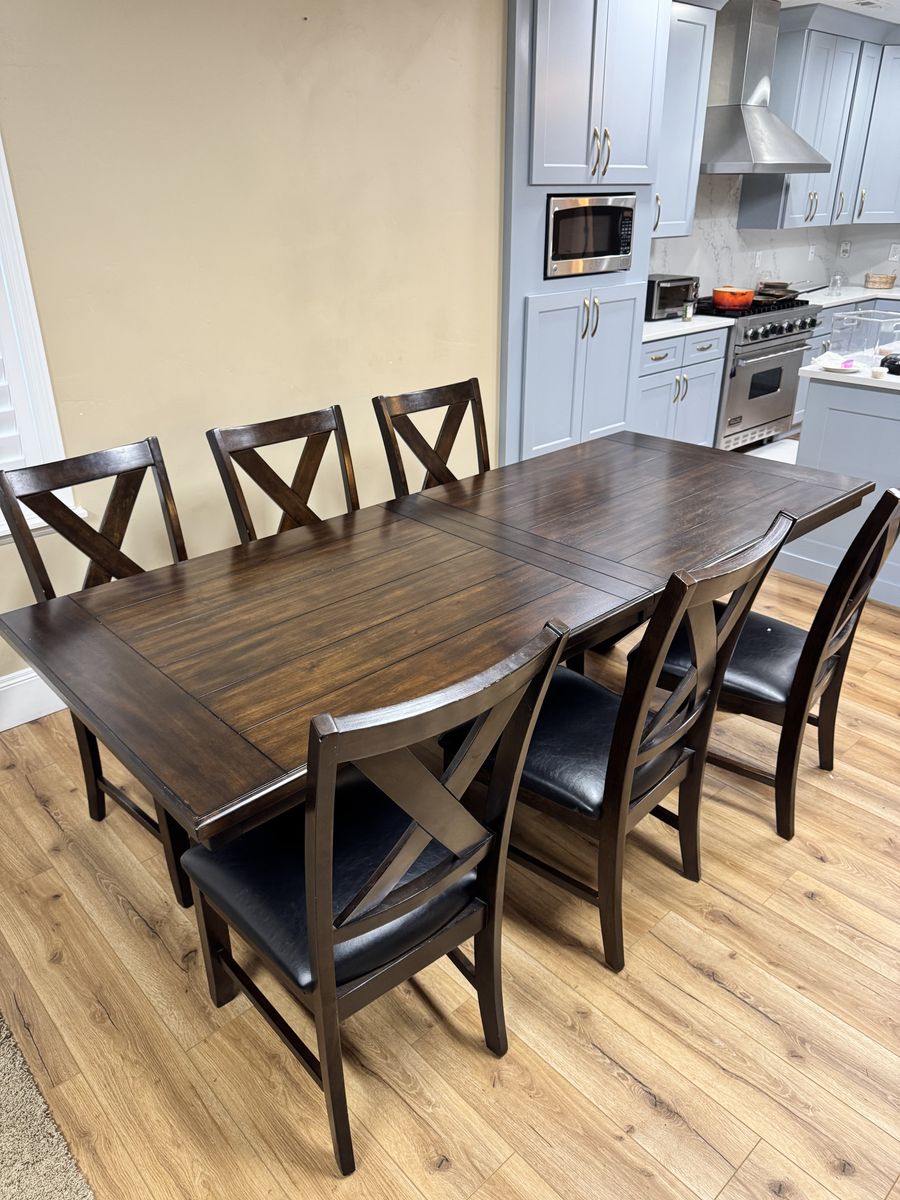 Expandable Wood Dining Table with 8 Chairs - Dark Brown Finish