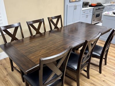 Expandable Wood Dining Table with 8 Chairs - Dark Brown Finish