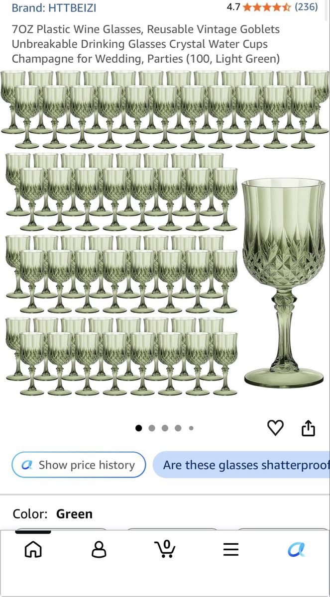 100-Pack 7 oz Reusable Plastic Wine Glasses – Light Green – Brand New