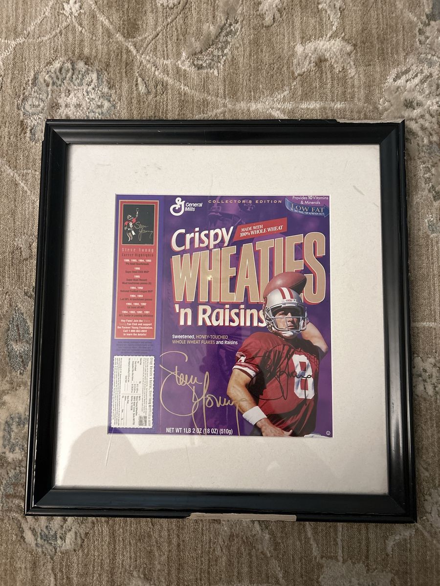 San Francisco 49ers Super Bowl Champion Matted & Framed Autograph Steve Young Signed Crispy Wheaties 'n Raisins Cereal Box Auto