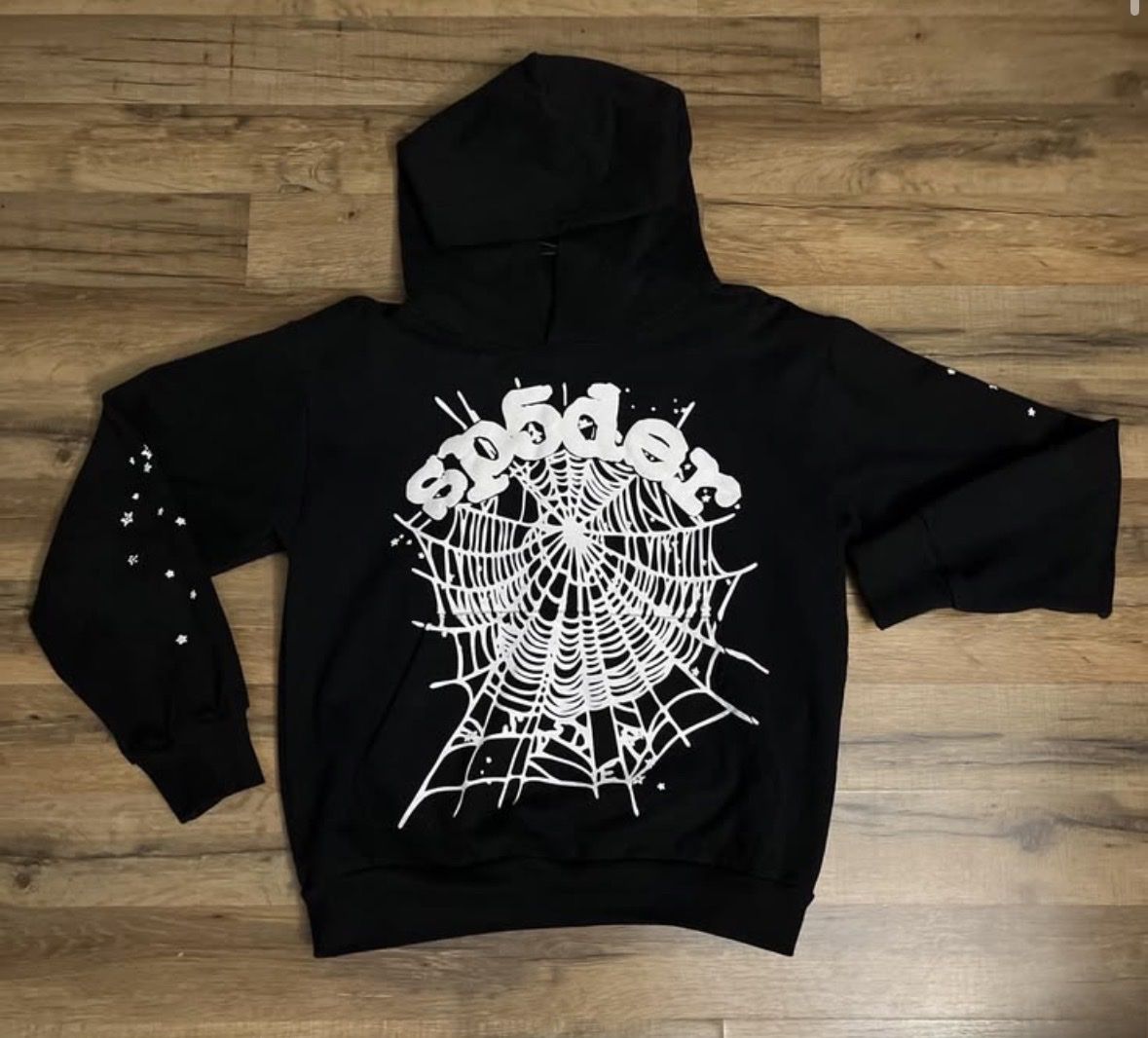 Sp5der Worldwide Web Black Hoodie with White Spider Web Graphic - L and XL- Cotton