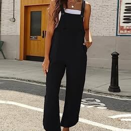 New Women's Size “M” Cotton Linen Overalls Rompers Baggy Wide Leg Jumpsuits Black