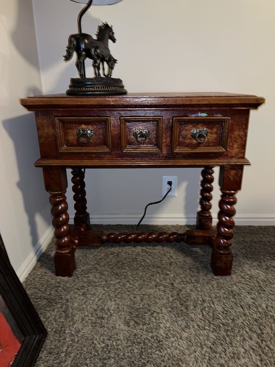 Vintage Console Sofa Table with 3 Drawers and Turned Legs, Dark Wood Finish