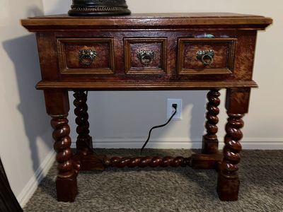 Vintage Console Sofa Table with 3 Drawers and Turned Legs, Dark Wood Finish