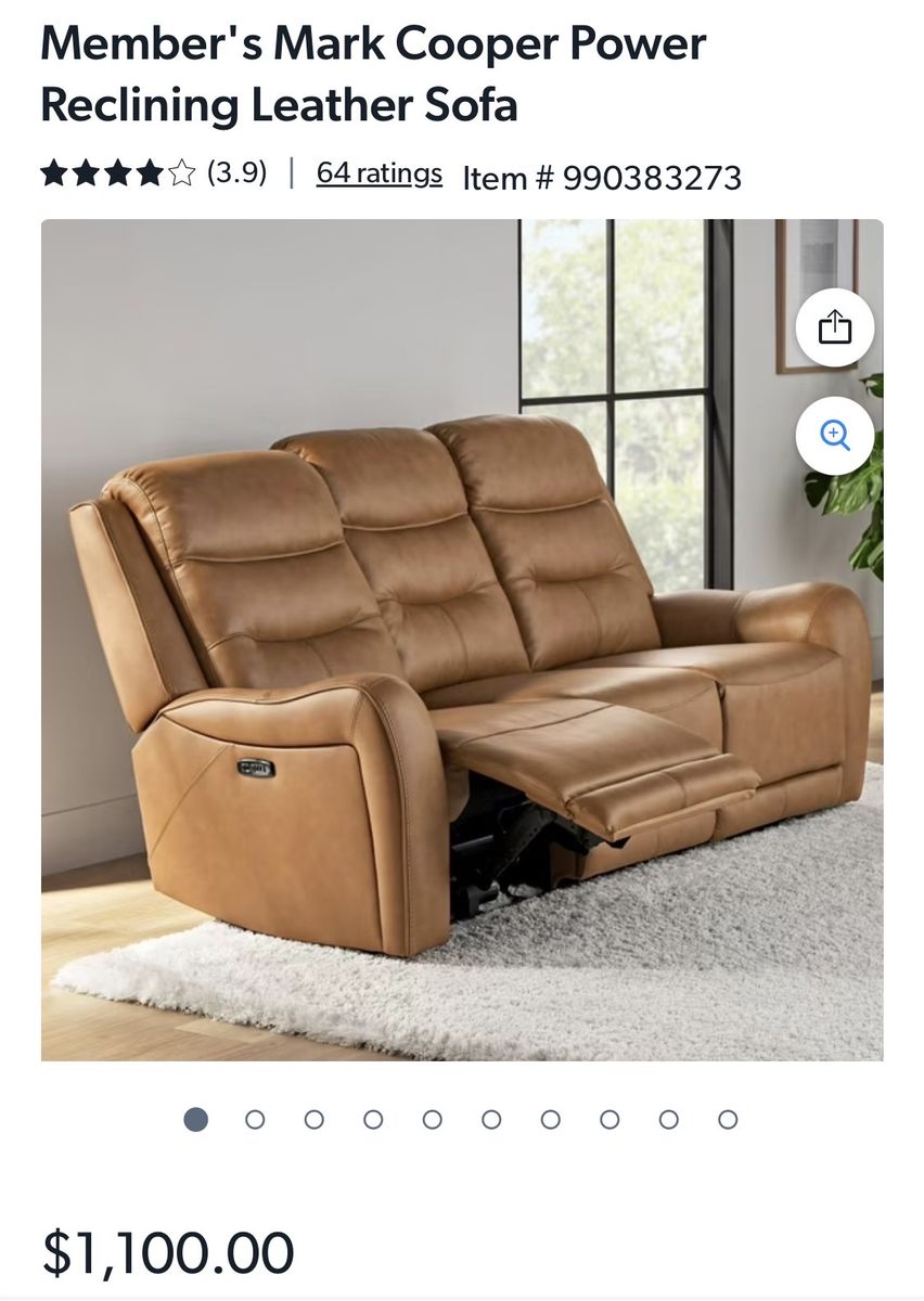 Member's Mark Cooper Power Reclining Leather Sofa - Tan, Power Headrest, USB Port