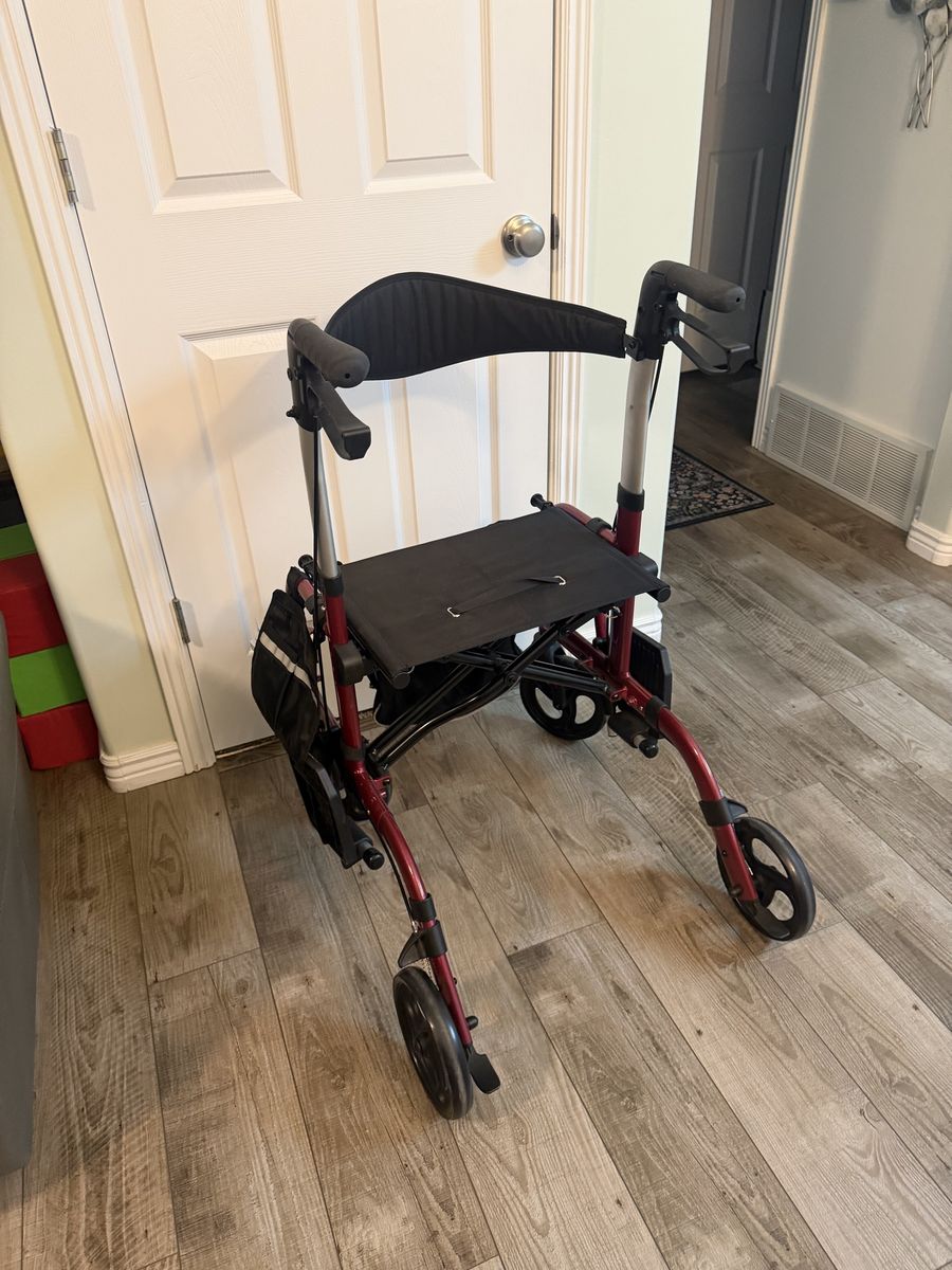 Red Four-Wheel Rollator Walker with Seat and Storage Bag