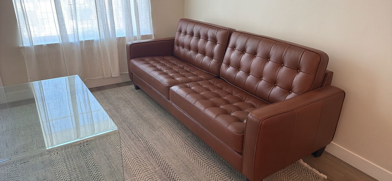 Modern Tufted Brown Leather Sofa Couch Mid Century Style
