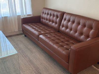 Modern Tufted Brown Leather Sofa Couch Mid Century Style