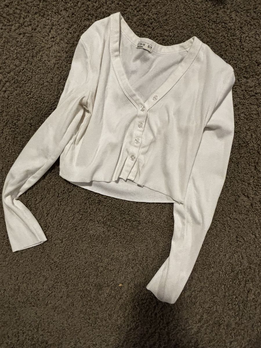 Cotton On White Ribbed V-Neck Button-Up Cropped Cardigan - Women's XS/PP
