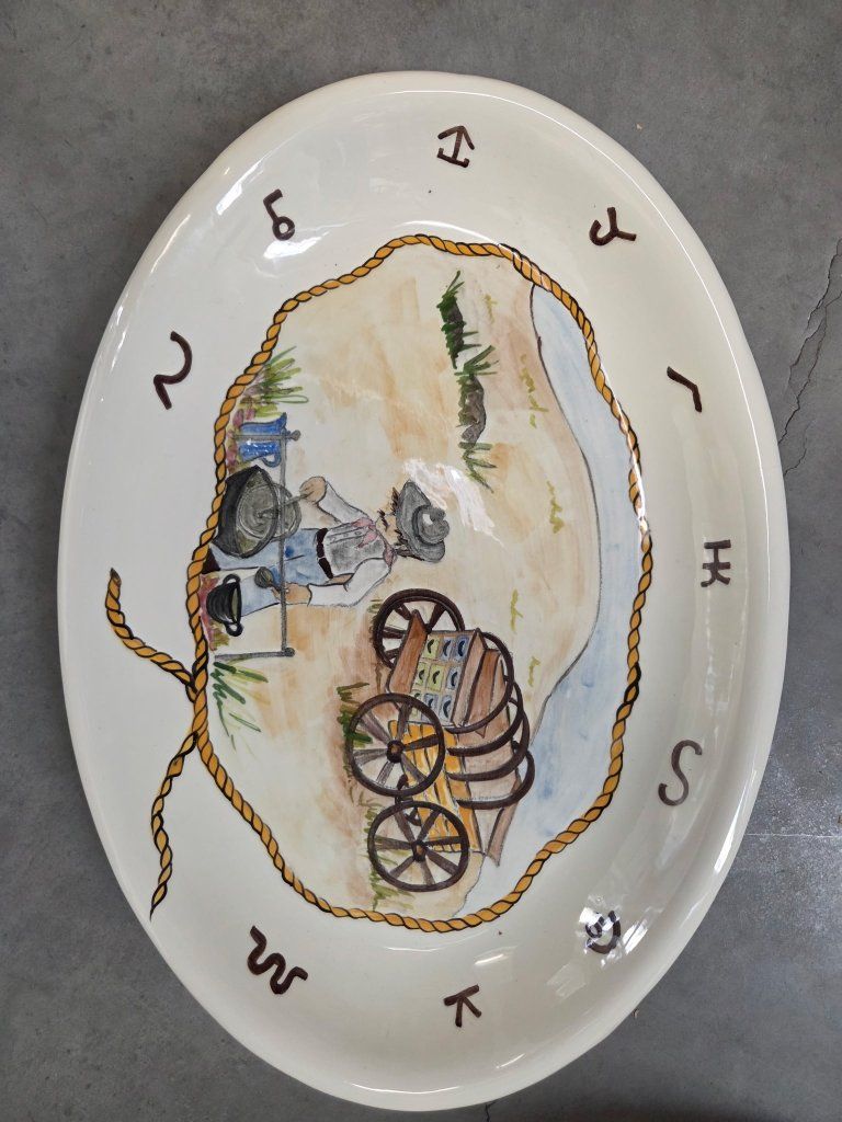 Hand-Painted Cowboy Campfire Scene Ceramic Platter - Western Brands Rim, Oval Serving Tray
